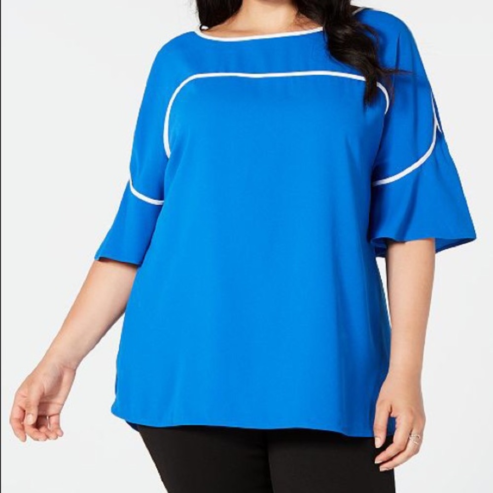 Only Size 0X (XL) Left! Alfani Cobalt Blue & White Trim Top Plus